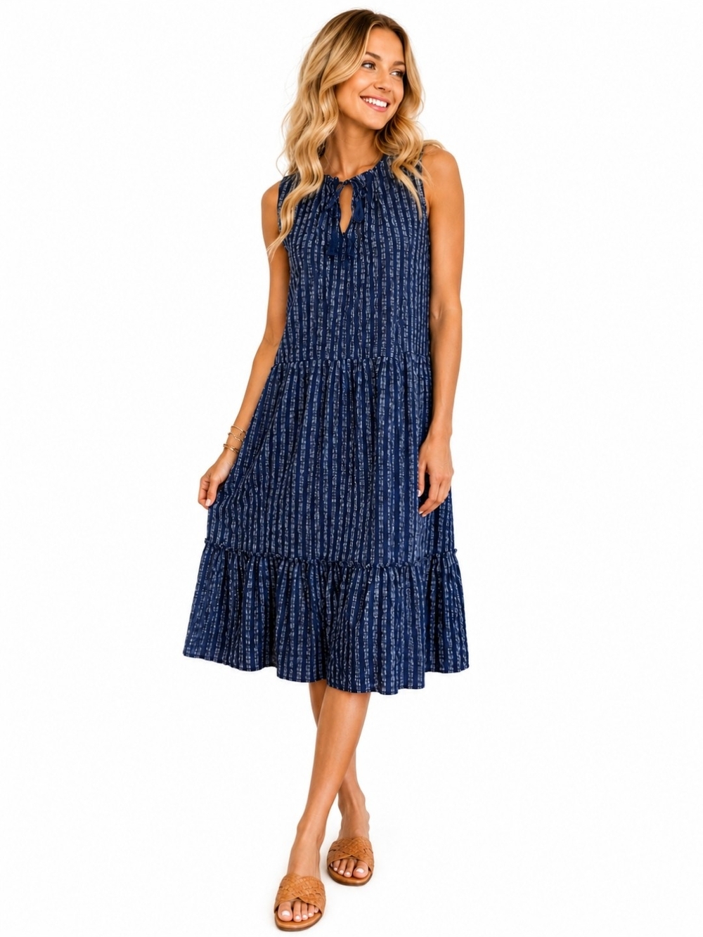 J.McLaughlin Textured Navy Midi Dress Resort Cottagecore Coastal Chic Boho M